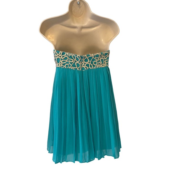 Lilly Pulitzer Jillie Strapless‎ Dress in Teal with Cream/Gold Applique Size 4 - Picture 3 of 10